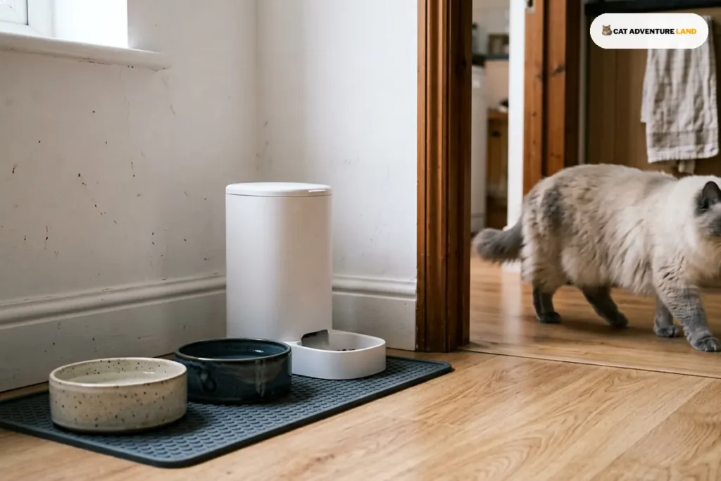 An automatic feeder and two water bowls prepared in a kitchen corner for a day away