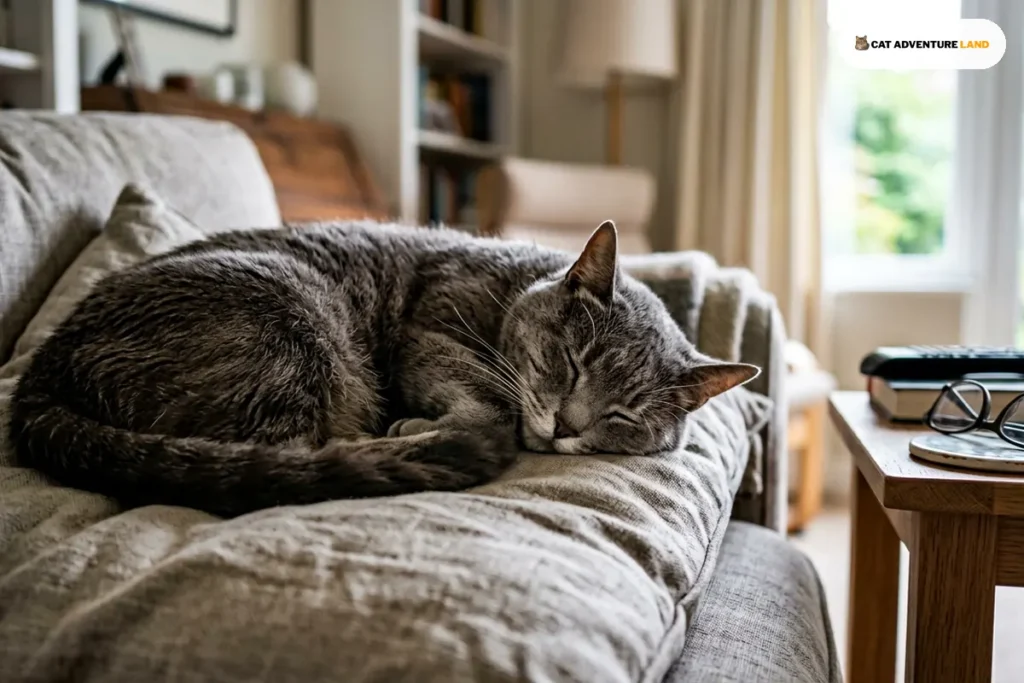 A grey cat asleep on a sofa cushion during a quiet afternoon at home
