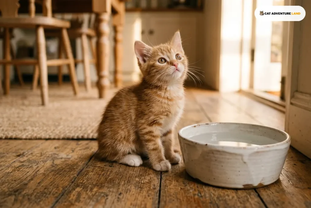 An orange kitten beside a water bowl. How long can you leave a cat alone? For kittens, just a few hours.