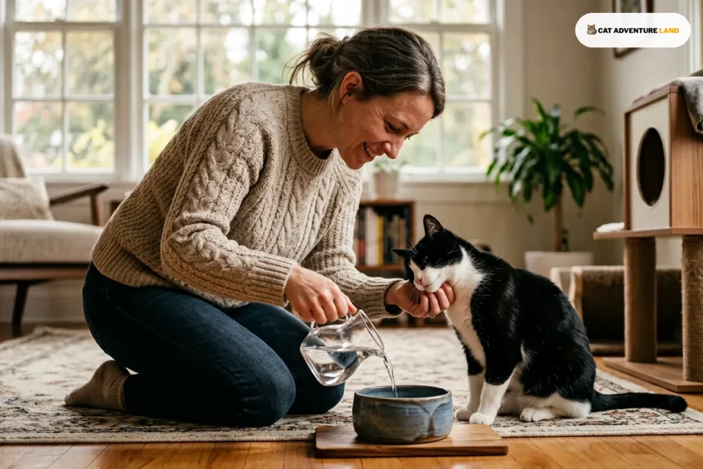 A pet sitter kneeling to refresh a water bowl while a tuxedo cat rubs against her arm